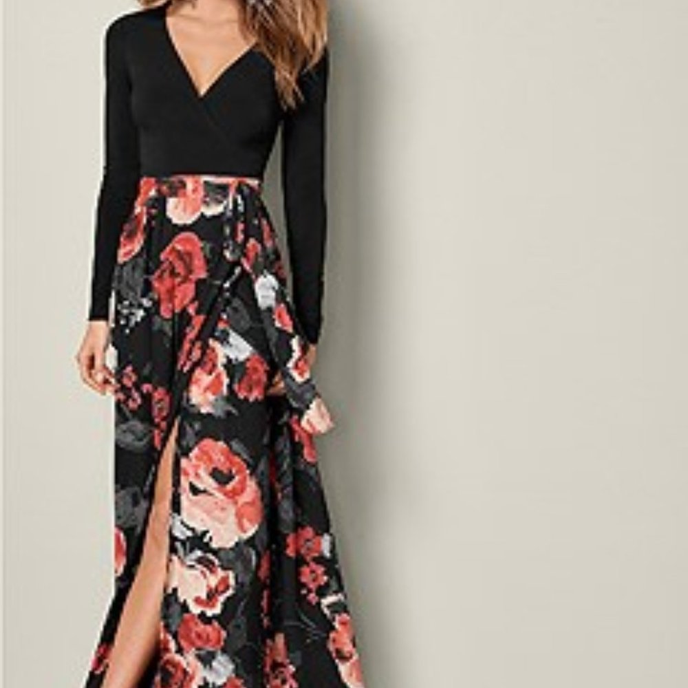 NWOT Venus Black Long Sleeve Maxi Wrap Dress